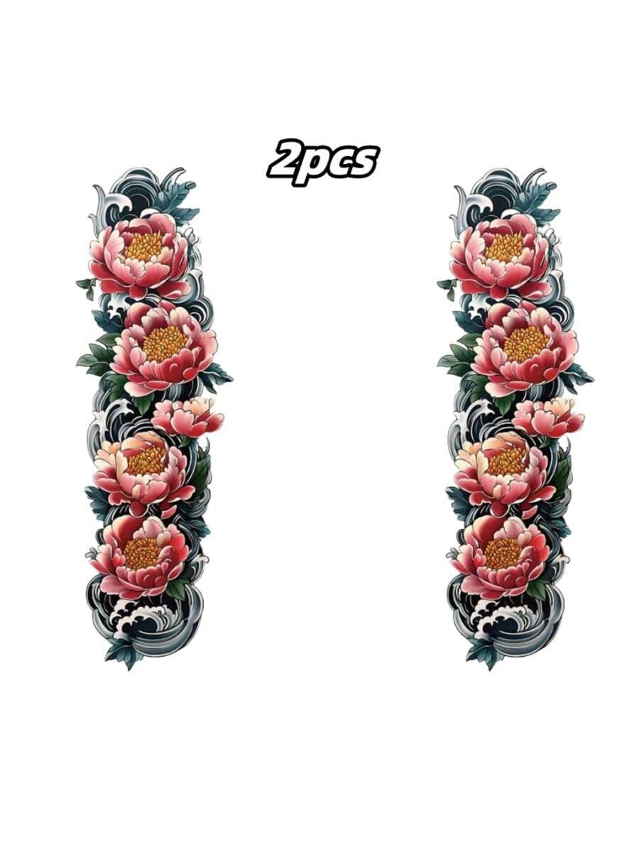 2 Temporary Tattoo Patch Waterproof and Sweatproof Design Blooming Flower Elements for Arms and Thighs for Parties Gala Dates and Social Venues for Spring and Summer Outdoor Wear