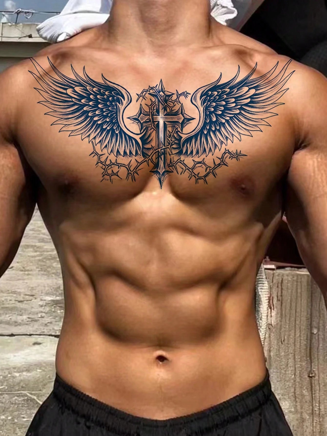 1Pc Waterproof Wing Temporary Tattoo Stickers, Semi-Permanent Floral Tattoo Sticker, Realistic Wing, Sword, Thorn Pattern Tattoos That Are Waterproof and Non-Reflective, Easy to Use, Suitable for Men'S Abdomen, Chest, Back, Lasts 7-14 Days, Perfect for Parties, Festivals