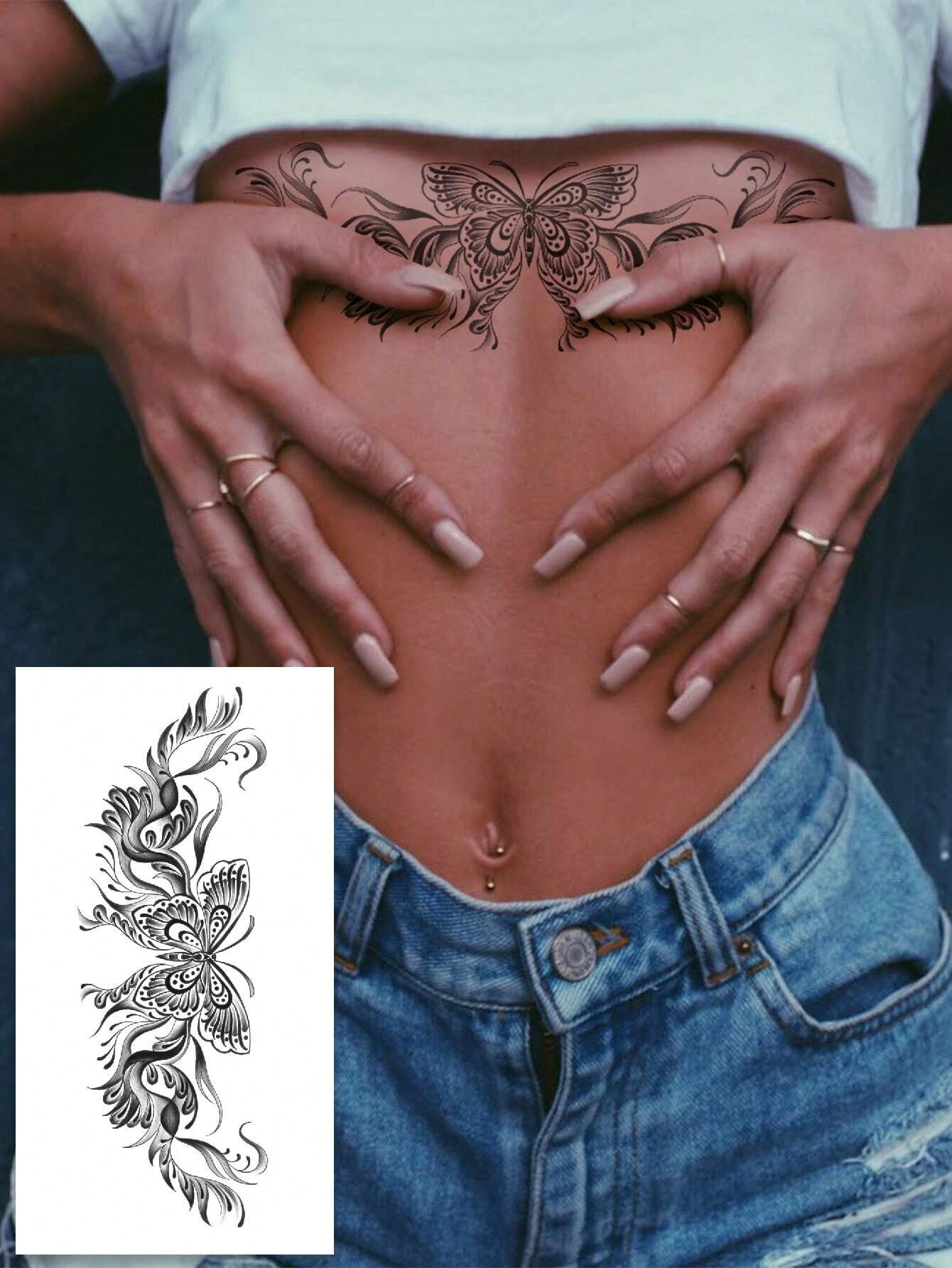(Pack of 5 Pcs)Black Butterfly Corsage Tattoo Sticker, Fake Tattoo with Black Butterfly, Floral, Lace Pattern Design, Waterproof and Sweatproof Easy to Use, Suitable for Front Chest, Abdomen, Back and Other Parts, Suitable for Women to Party Parties and Daily Matching Temporary Tattoos
