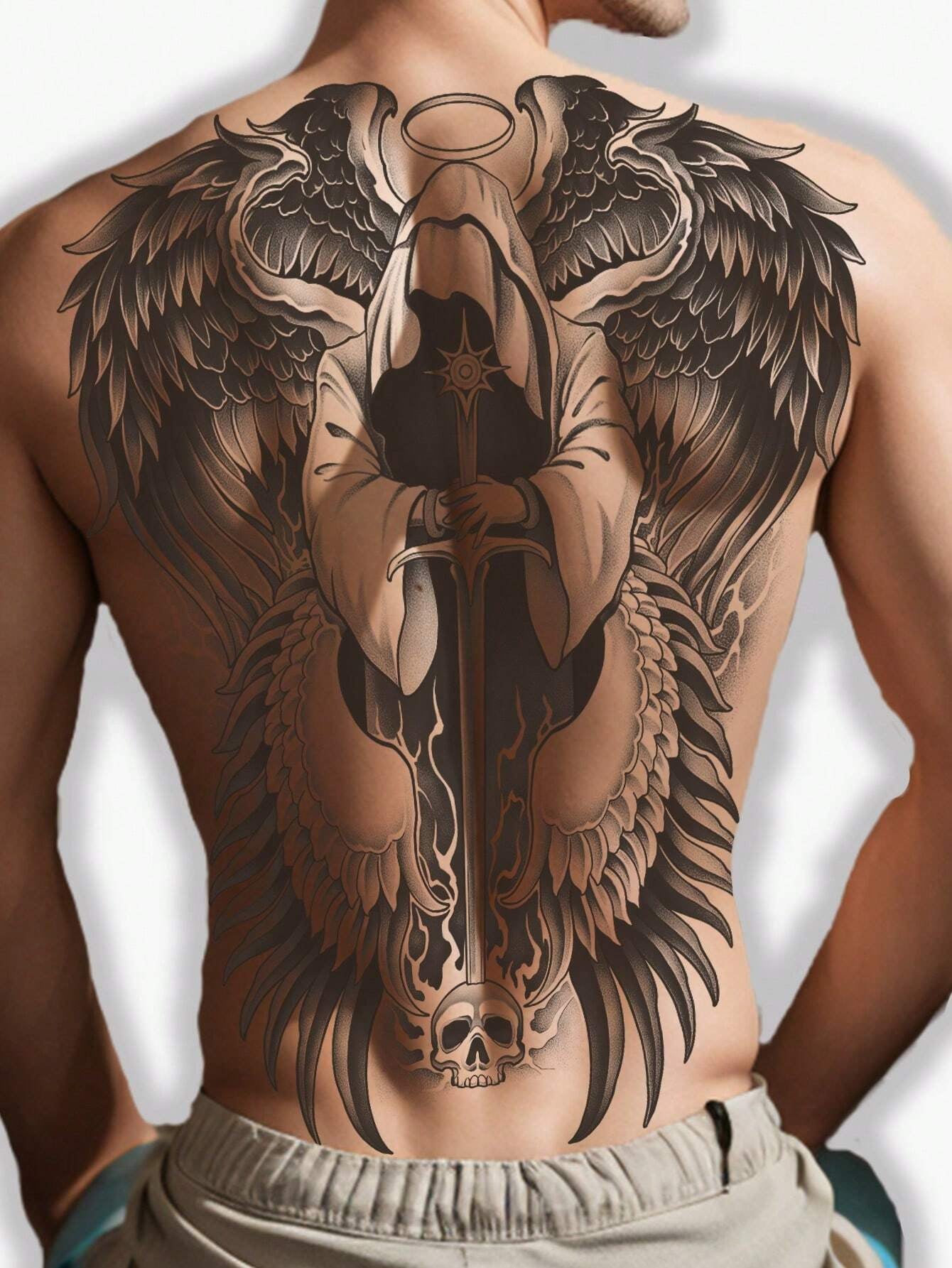 1Pc Archangel Backful Temporary Tattoo Waterproof Sweatproof Last for 1-2 Weeks Realistic Herbal Juice Non-Reflective Anti-Friction Faux Black Fake Tattoos for Man Tattoo Stickers for Back Modernist Body Art