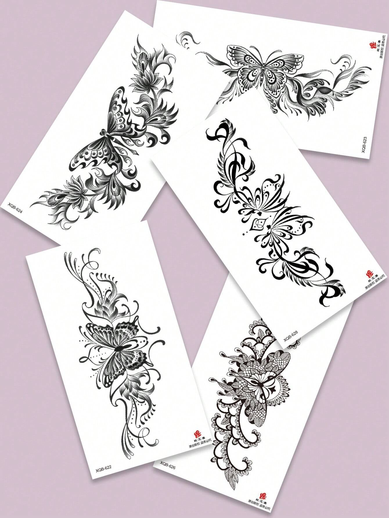 (Pack of 5 Pcs)Black Butterfly Corsage Tattoo Sticker, Fake Tattoo with Black Butterfly, Floral, Lace Pattern Design, Waterproof and Sweatproof Easy to Use, Suitable for Front Chest, Abdomen, Back and Other Parts, Suitable for Women to Party Parties and Daily Matching Temporary Tattoos