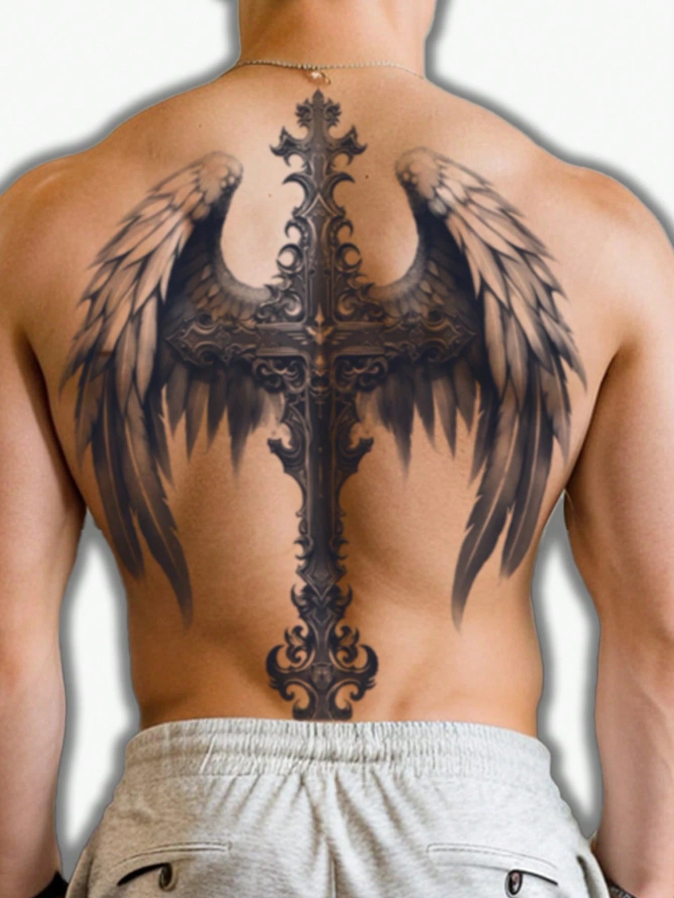 1Pc Cross Wings Backful Temporary Tattoo Semi Permanent Waterproof Sweatproof Last for 1-2 Weeks Realistic Herbal Juice Non-Reflective Anti-Friction Faux Black Fake Tattoos for Man Tattoo Stickers for Back Modernist Body Art