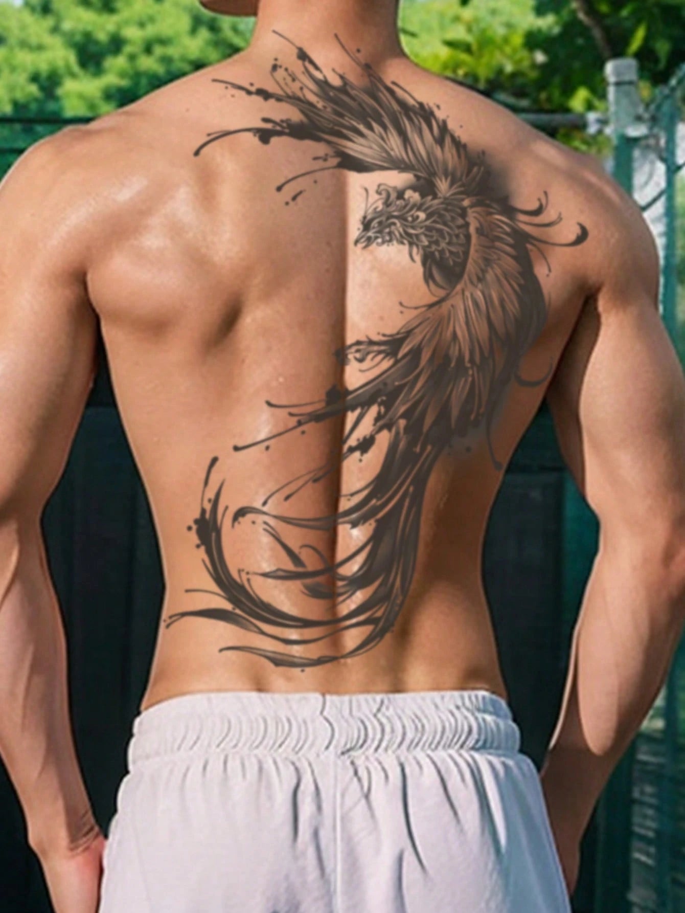 1Pc Phenix Backful Temporary Tattoo Waterproof Sweatproof Last for 1-2 Weeks Realistic Herbal Juice Non-Reflective Anti-Friction Faux Black Fake Tattoos for Man Tattoo Stickers for Back Modernist Body Art