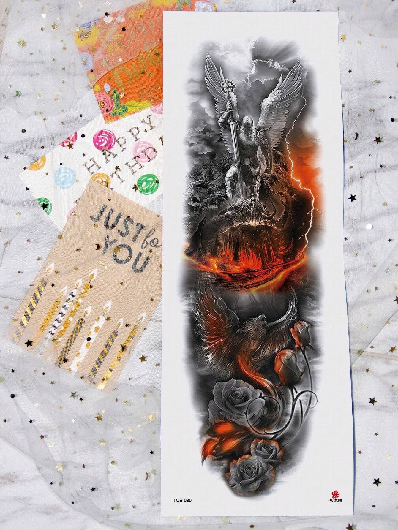 1 Sheets Extra Large Full Arm Size Body Art Temporary Tattoo Stickers for Men and Women, Warrior Flame Phoenix Pattern, Waterproof Fake Sleeves Tattoos, Lasts 2-5 Days, Covering Scars, Can Be Used on Arms Wrist Shoulders Legs Waist Neck Hand Chest Thighs Finger, Best Friend Couple Party Tattoo