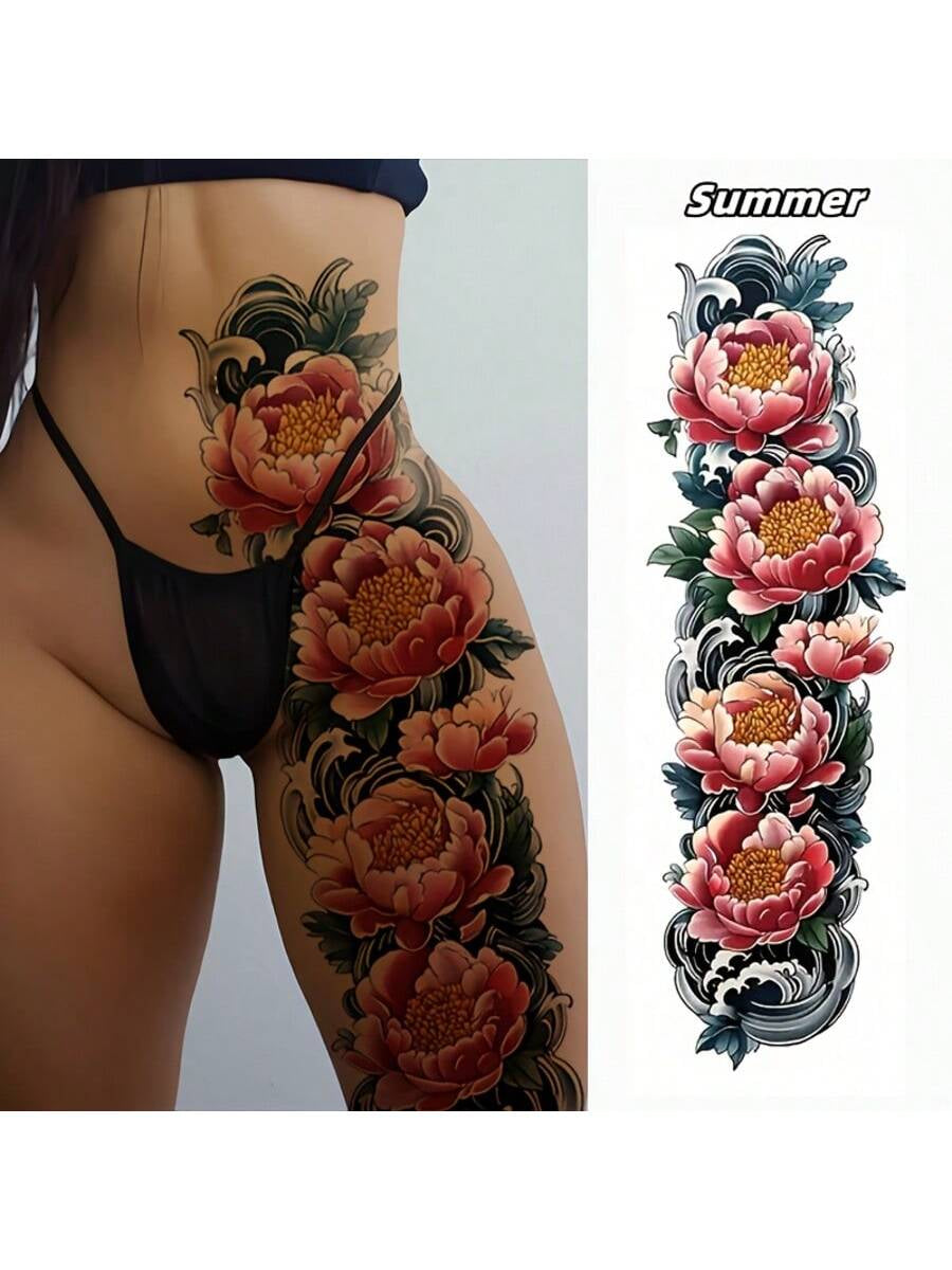 2 Temporary Tattoo Patch Waterproof and Sweatproof Design Blooming Flower Elements for Arms and Thighs for Parties Gala Dates and Social Venues for Spring and Summer Outdoor Wear