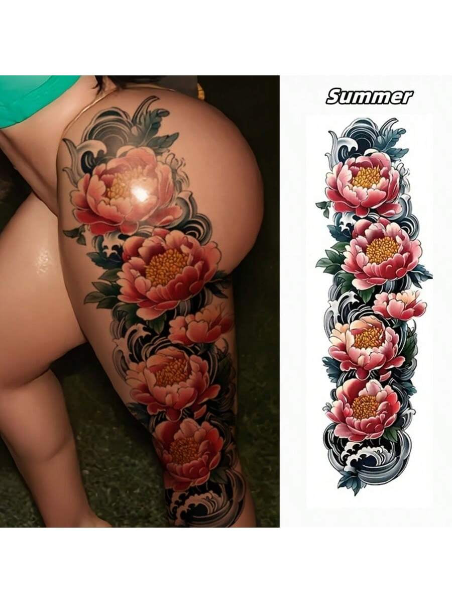 2 Temporary Tattoo Patch Waterproof and Sweatproof Design Blooming Flower Elements for Arms and Thighs for Parties Gala Dates and Social Venues for Spring and Summer Outdoor Wear
