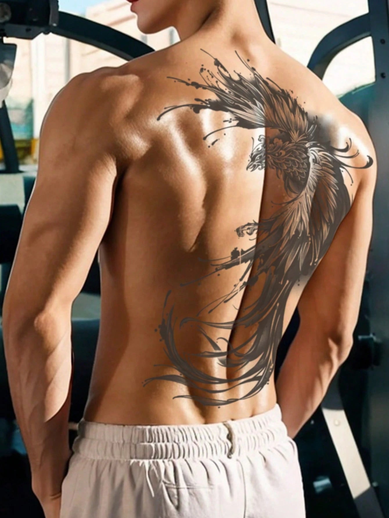 1Pc Phenix Backful Temporary Tattoo Waterproof Sweatproof Last for 1-2 Weeks Realistic Herbal Juice Non-Reflective Anti-Friction Faux Black Fake Tattoos for Man Tattoo Stickers for Back Modernist Body Art