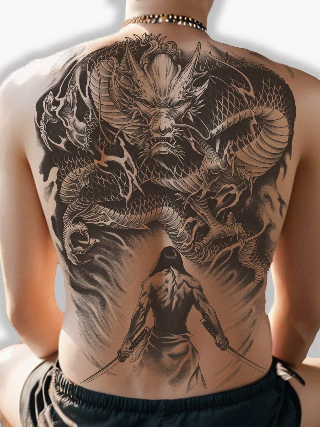 1Pc Dragon Warrior Backful Temporary Tattoo Waterproof Sweatproof Last for 1-2 Weeks Realistic Herbal Juice Non-Reflective Anti-Friction Faux Black Fake Tattoos for Man Tattoo Stickers for Back Modernist Body Art