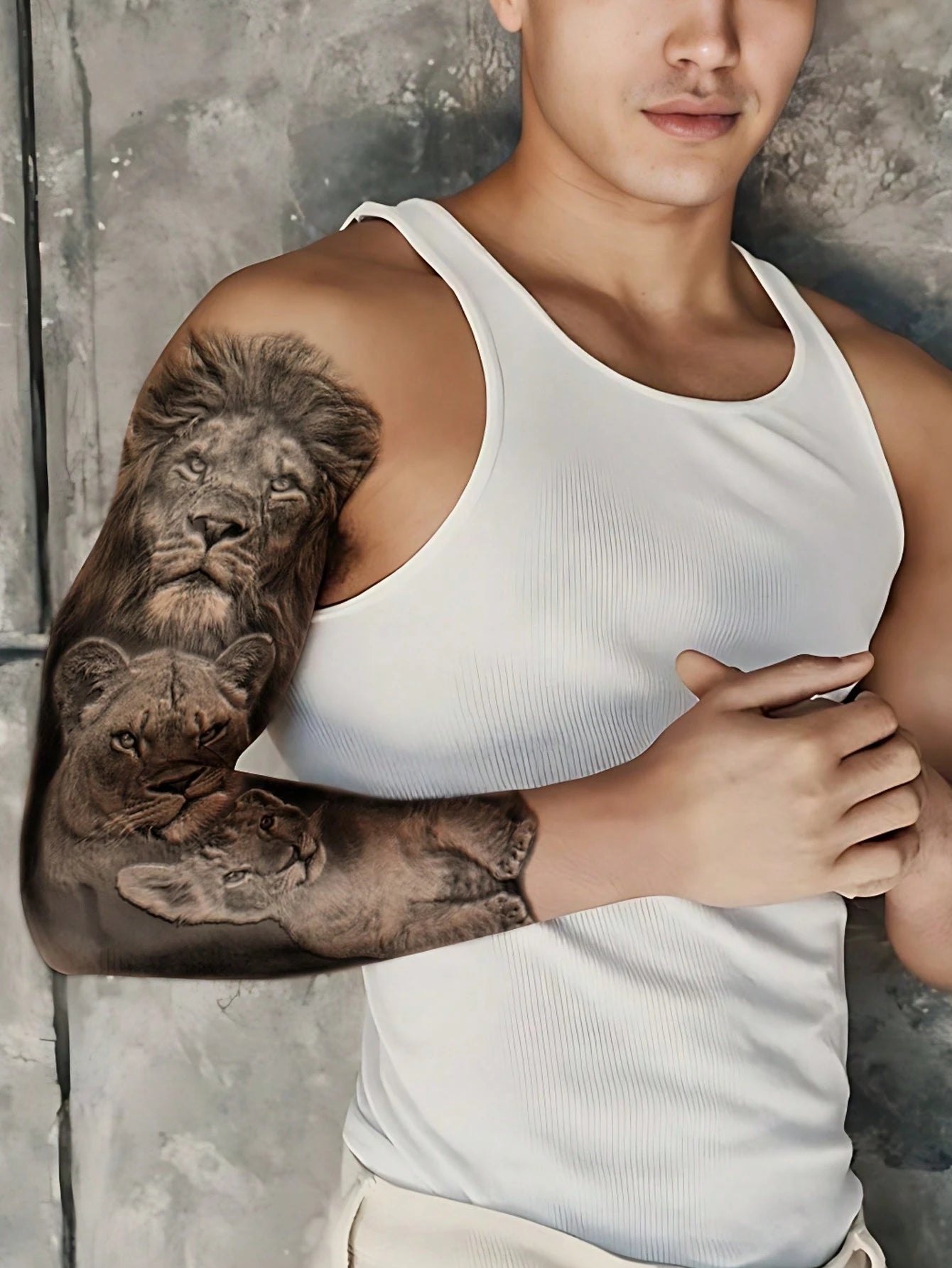 1 Sheets Extra Large Full Arm Size Body Art Temporary Tattoo Stickers for Men, Black 3D Solid Style Lion Father Mother Child Family Pattern, Waterproof Fake Sleeves Tattoos, Lasts 2-5 Days, Covering Scars, Can Be Used on Arms Wrist Shoulders Legs Waist Neck Hand Chest Thighs Finger, Body Art Cosplay Party Gift