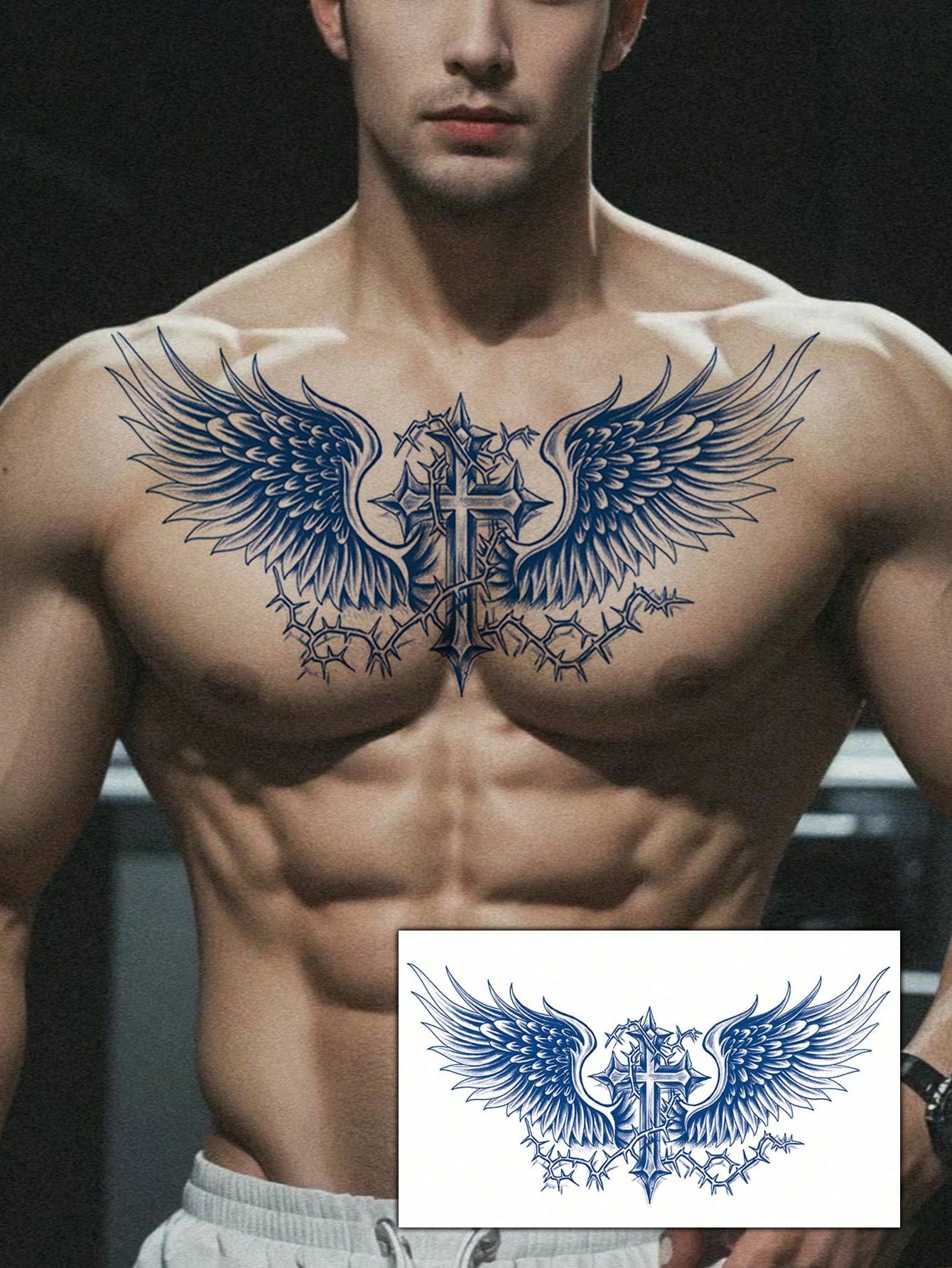 1Pc Waterproof Wing Temporary Tattoo Stickers, Semi-Permanent Floral Tattoo Sticker, Realistic Wing, Sword, Thorn Pattern Tattoos That Are Waterproof and Non-Reflective, Easy to Use, Suitable for Men'S Abdomen, Chest, Back, Lasts 7-14 Days, Perfect for Parties, Festivals