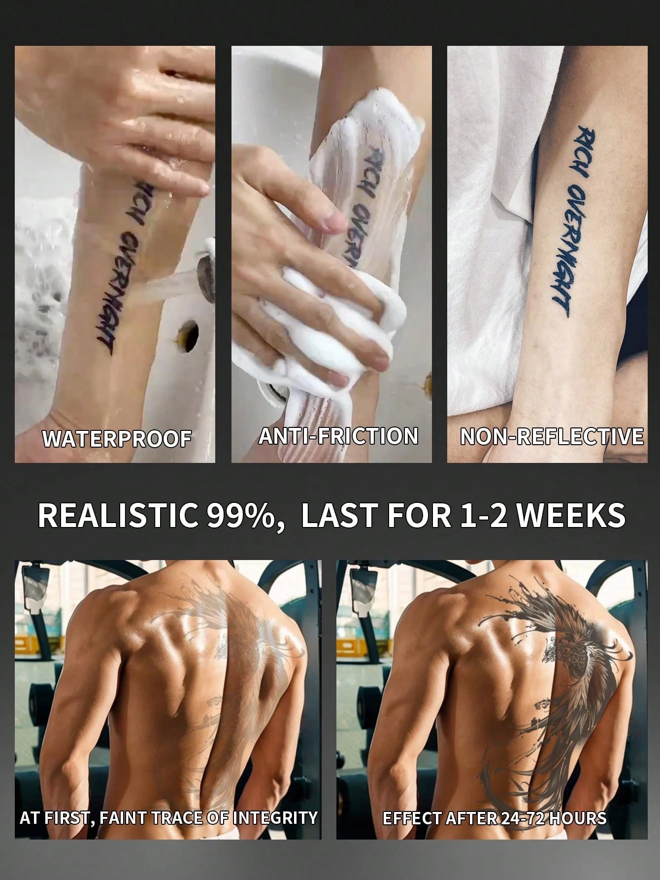 1Pc Phenix Backful Temporary Tattoo Waterproof Sweatproof Last for 1-2 Weeks Realistic Herbal Juice Non-Reflective Anti-Friction Faux Black Fake Tattoos for Man Tattoo Stickers for Back Modernist Body Art