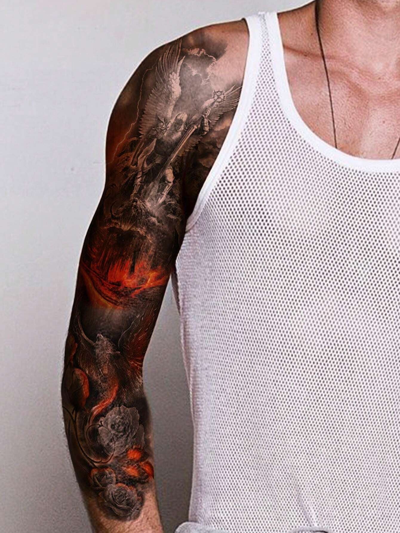 1 Sheets Extra Large Full Arm Size Body Art Temporary Tattoo Stickers for Men and Women, Warrior Flame Phoenix Pattern, Waterproof Fake Sleeves Tattoos, Lasts 2-5 Days, Covering Scars, Can Be Used on Arms Wrist Shoulders Legs Waist Neck Hand Chest Thighs Finger, Best Friend Couple Party Tattoo