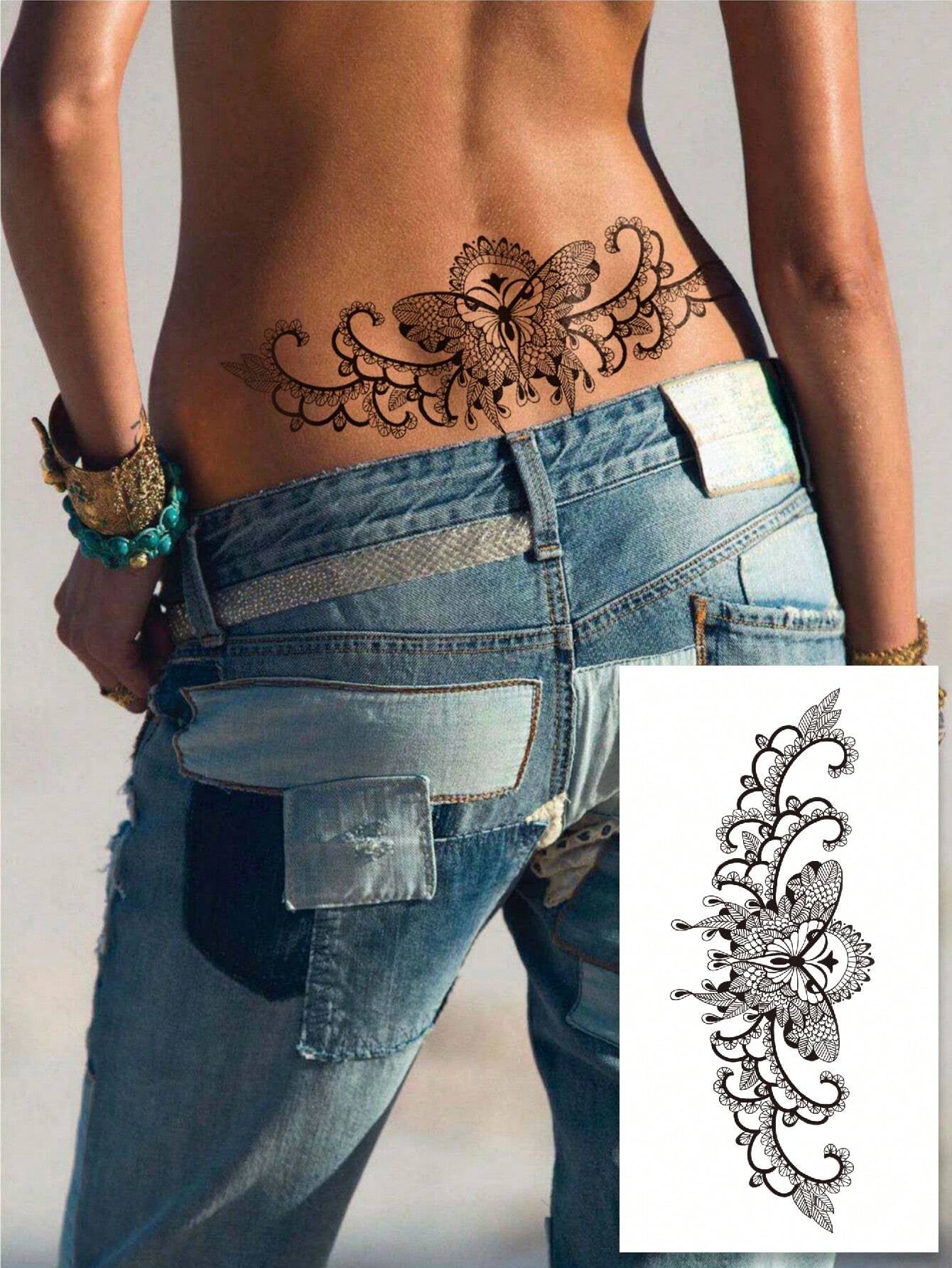 (Pack of 5 Pcs)Black Butterfly Corsage Tattoo Sticker, Fake Tattoo with Black Butterfly, Floral, Lace Pattern Design, Waterproof and Sweatproof Easy to Use, Suitable for Front Chest, Abdomen, Back and Other Parts, Suitable for Women to Party Parties and Daily Matching Temporary Tattoos