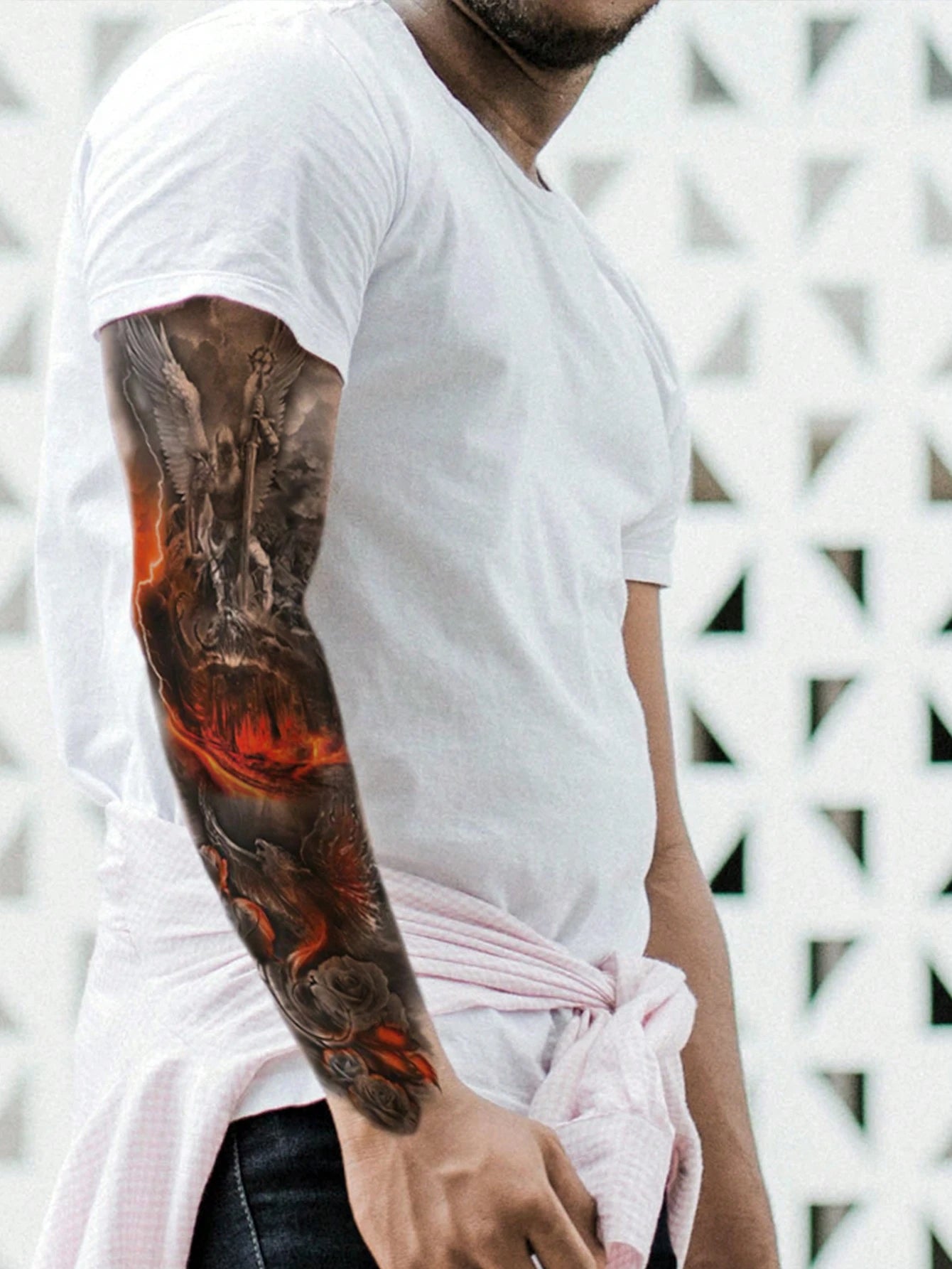 1 Sheets Extra Large Full Arm Size Body Art Temporary Tattoo Stickers for Men and Women, Warrior Flame Phoenix Pattern, Waterproof Fake Sleeves Tattoos, Lasts 2-5 Days, Covering Scars, Can Be Used on Arms Wrist Shoulders Legs Waist Neck Hand Chest Thighs Finger, Best Friend Couple Party Tattoo