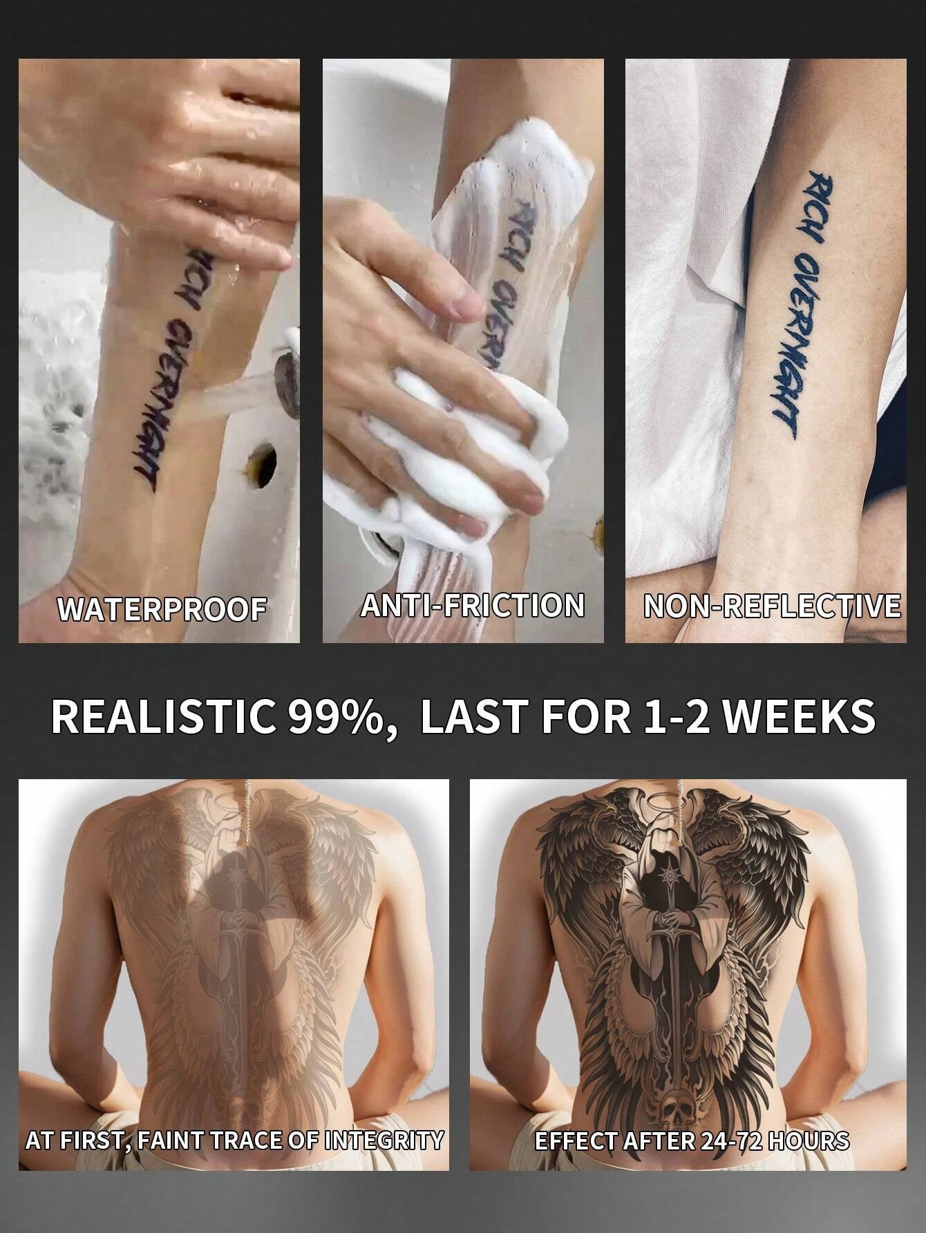 1Pc Archangel Backful Temporary Tattoo Waterproof Sweatproof Last for 1-2 Weeks Realistic Herbal Juice Non-Reflective Anti-Friction Faux Black Fake Tattoos for Man Tattoo Stickers for Back Modernist Body Art