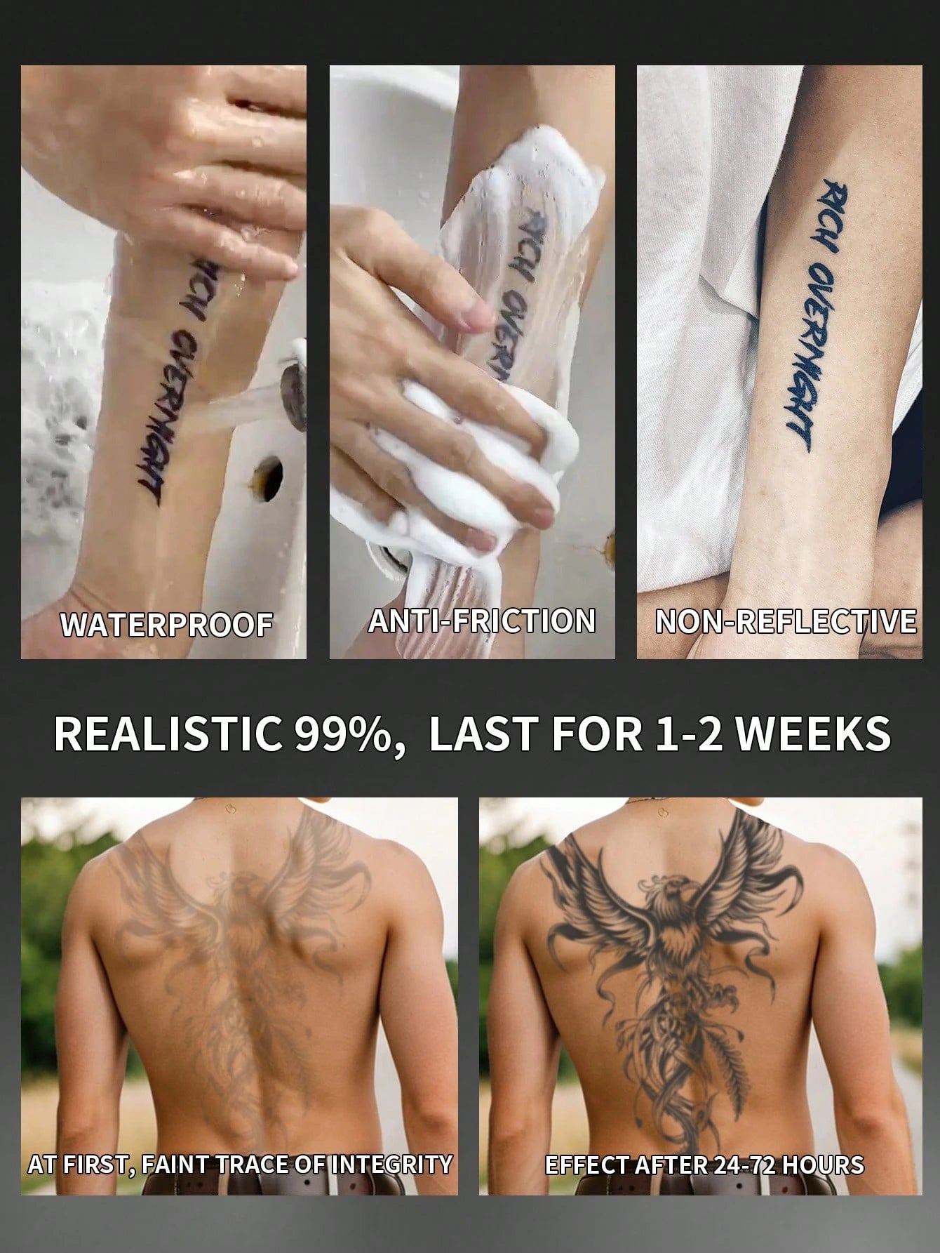 1Pc Phenix Backful Temporary Tattoo Waterproof Sweatproof Last for 1-2 Weeks Realistic Herbal Juice Non-Reflective Anti-Friction Faux Black Fake Tattoos for Man Tattoo Stickers for Back Modernist Body Art