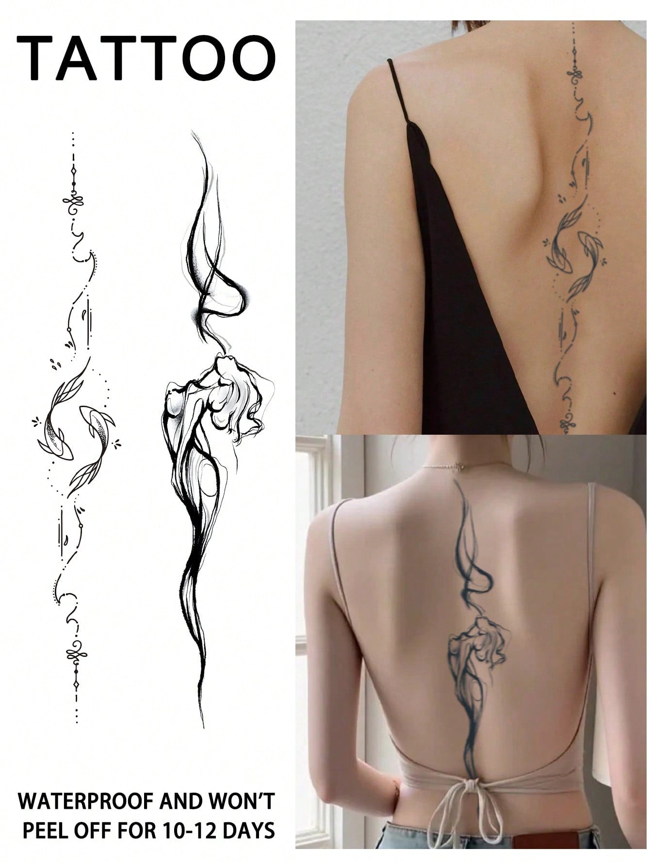 2Pcs Spine Fake Tattoo Temporary Tattoos Semi Permanent Tattoo Waterproof Sweatproof Last for 1-2 Weeks Realistic Herbal Juice Anti-Friction Non-Reflective Black for Woman and Men Tattoo Stickers for Arm, Chest, Leg, Abdomen, Waist, Finger, Neck, Spine, Modernist Body Art