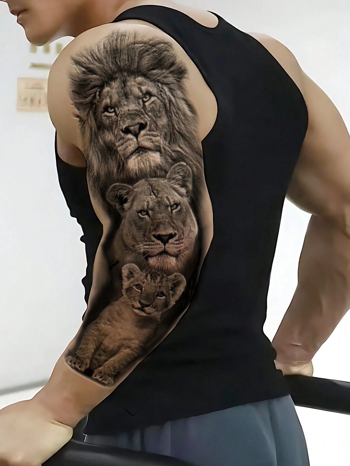 1 Sheets Extra Large Full Arm Size Body Art Temporary Tattoo Stickers for Men, Black 3D Solid Style Lion Father Mother Child Family Pattern, Waterproof Fake Sleeves Tattoos, Lasts 2-5 Days, Covering Scars, Can Be Used on Arms Wrist Shoulders Legs Waist Neck Hand Chest Thighs Finger, Body Art Cosplay Party Gift