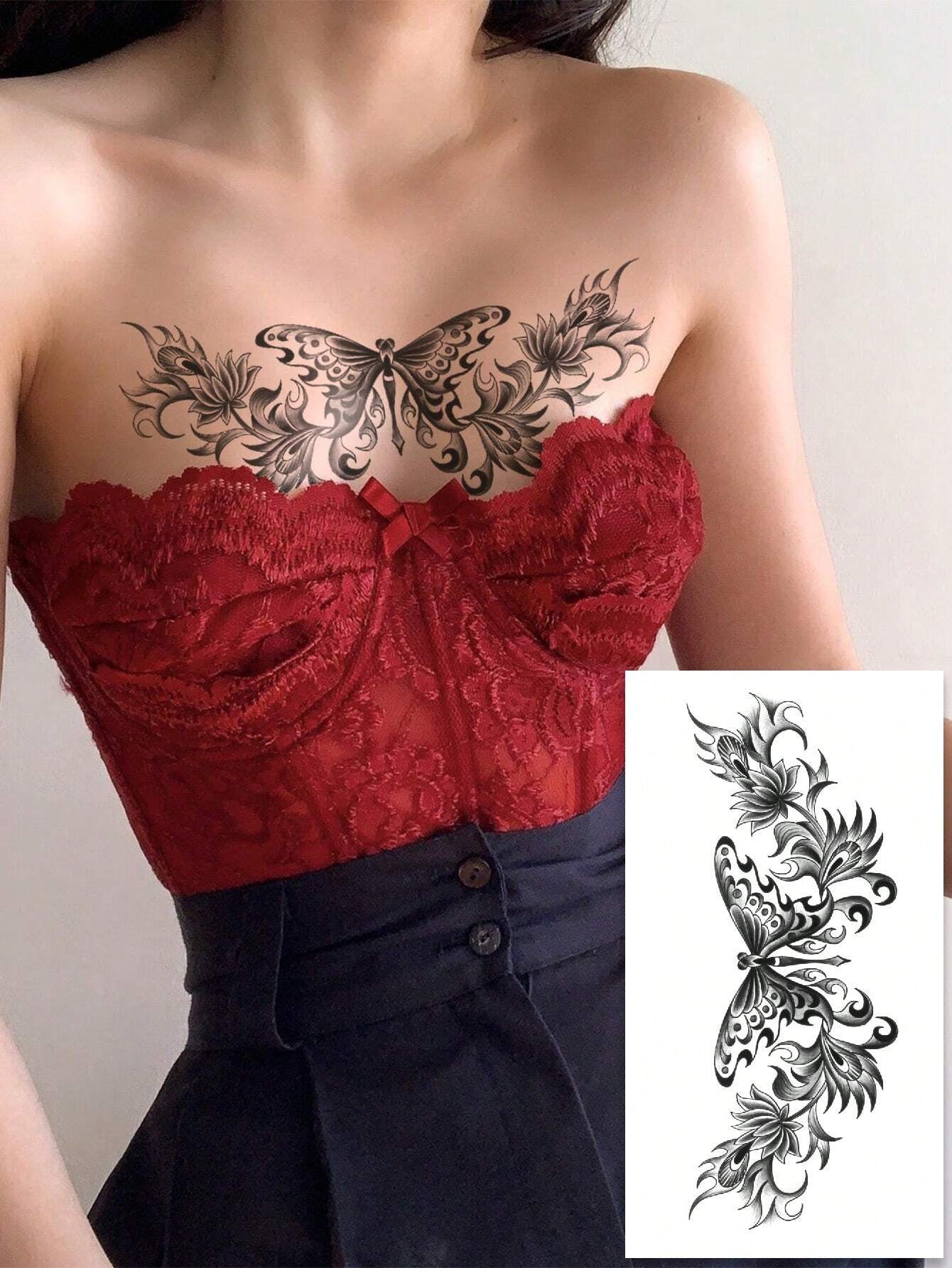 (Pack of 5 Pcs)Black Butterfly Corsage Tattoo Sticker, Fake Tattoo with Black Butterfly, Floral, Lace Pattern Design, Waterproof and Sweatproof Easy to Use, Suitable for Front Chest, Abdomen, Back and Other Parts, Suitable for Women to Party Parties and Daily Matching Temporary Tattoos