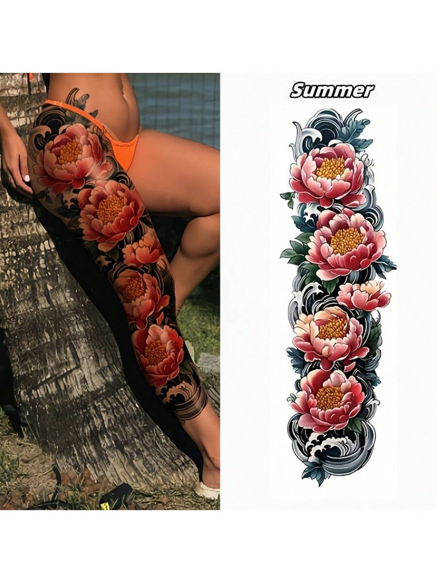 2 Temporary Tattoo Patch Waterproof and Sweatproof Design Blooming Flower Elements for Arms and Thighs for Parties Gala Dates and Social Venues for Spring and Summer Outdoor Wear