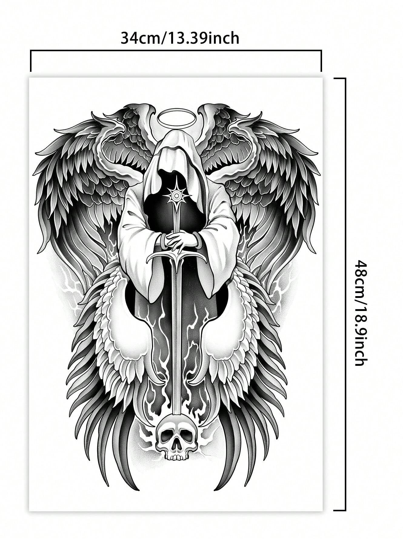 1Pc Archangel Backful Temporary Tattoo Waterproof Sweatproof Last for 1-2 Weeks Realistic Herbal Juice Non-Reflective Anti-Friction Faux Black Fake Tattoos for Man Tattoo Stickers for Back Modernist Body Art
