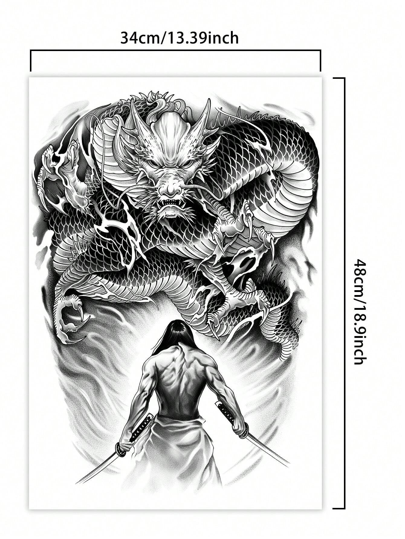 1Pc Dragon Warrior Backful Temporary Tattoo Waterproof Sweatproof Last for 1-2 Weeks Realistic Herbal Juice Non-Reflective Anti-Friction Faux Black Fake Tattoos for Man Tattoo Stickers for Back Modernist Body Art