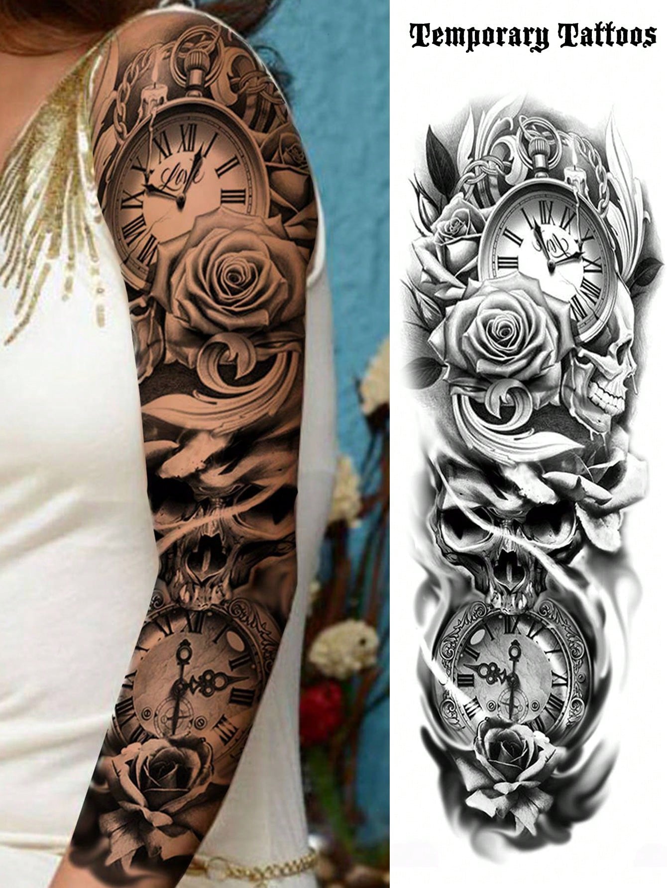 1 Sheet Full Arm Large Clock Rose Flower Temporary Tattoos Sleeve for Women Adults Legs Thigh Shoulder, Realistic Waterproof Long Lasting Fake Sleeve Tattoos for Men Stickers