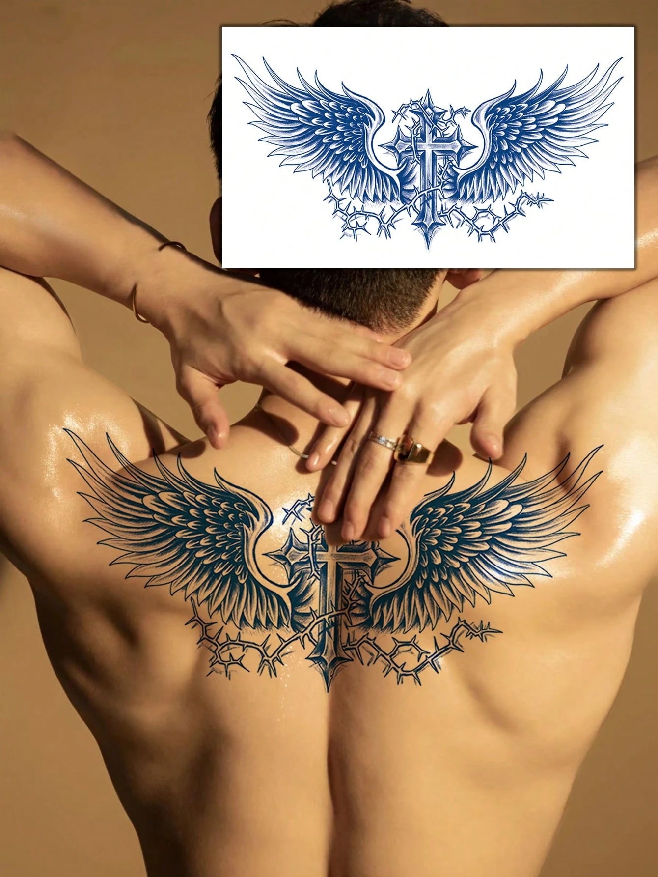 1Pc Waterproof Wing Temporary Tattoo Stickers, Semi-Permanent Floral Tattoo Sticker, Realistic Wing, Sword, Thorn Pattern Tattoos That Are Waterproof and Non-Reflective, Easy to Use, Suitable for Men'S Abdomen, Chest, Back, Lasts 7-14 Days, Perfect for Parties, Festivals