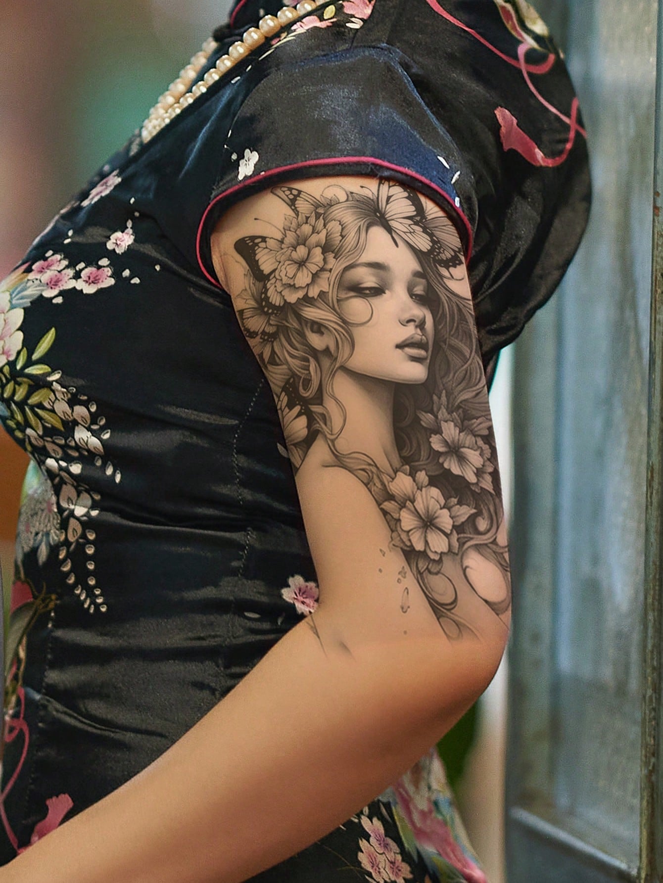 STARTTOOS 1Pc Women'S Butterfly & Flower Pattern Large Flower Temporary Tattoo Sticker for Arm/Chest/Back