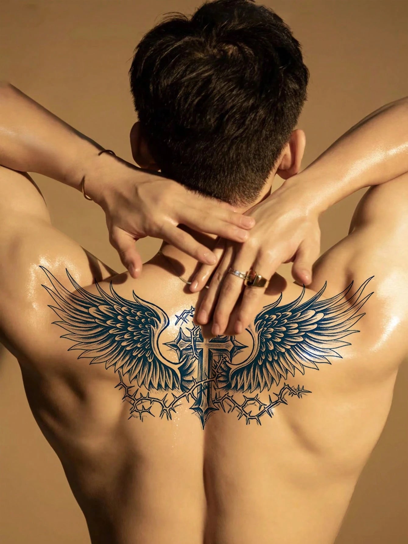 1Pc Waterproof Wing Temporary Tattoo Stickers, Semi-Permanent Floral Tattoo Sticker, Realistic Wing, Sword, Thorn Pattern Tattoos That Are Waterproof and Non-Reflective, Easy to Use, Suitable for Men'S Abdomen, Chest, Back, Lasts 7-14 Days, Perfect for Parties, Festivals