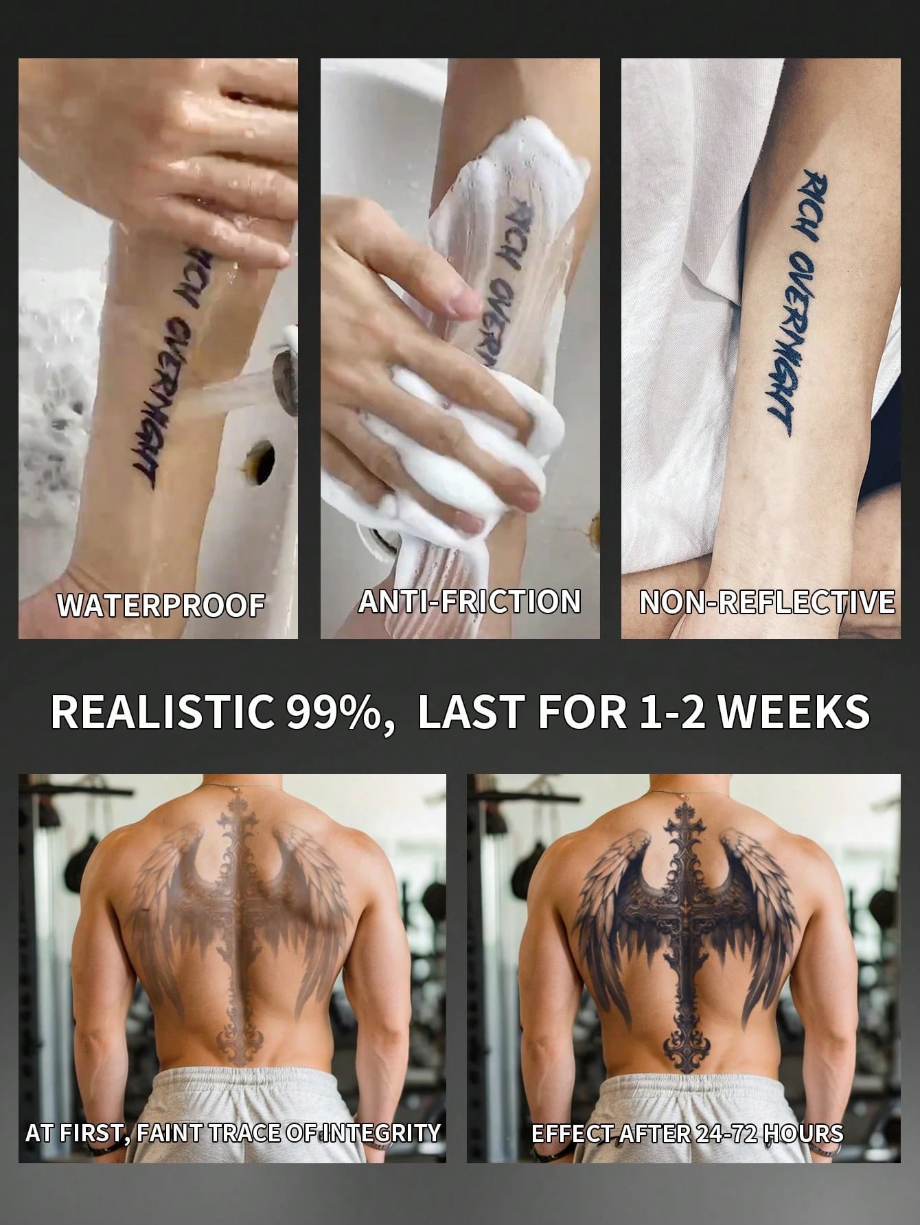 1Pc Cross Wings Backful Temporary Tattoo Semi Permanent Waterproof Sweatproof Last for 1-2 Weeks Realistic Herbal Juice Non-Reflective Anti-Friction Faux Black Fake Tattoos for Man Tattoo Stickers for Back Modernist Body Art