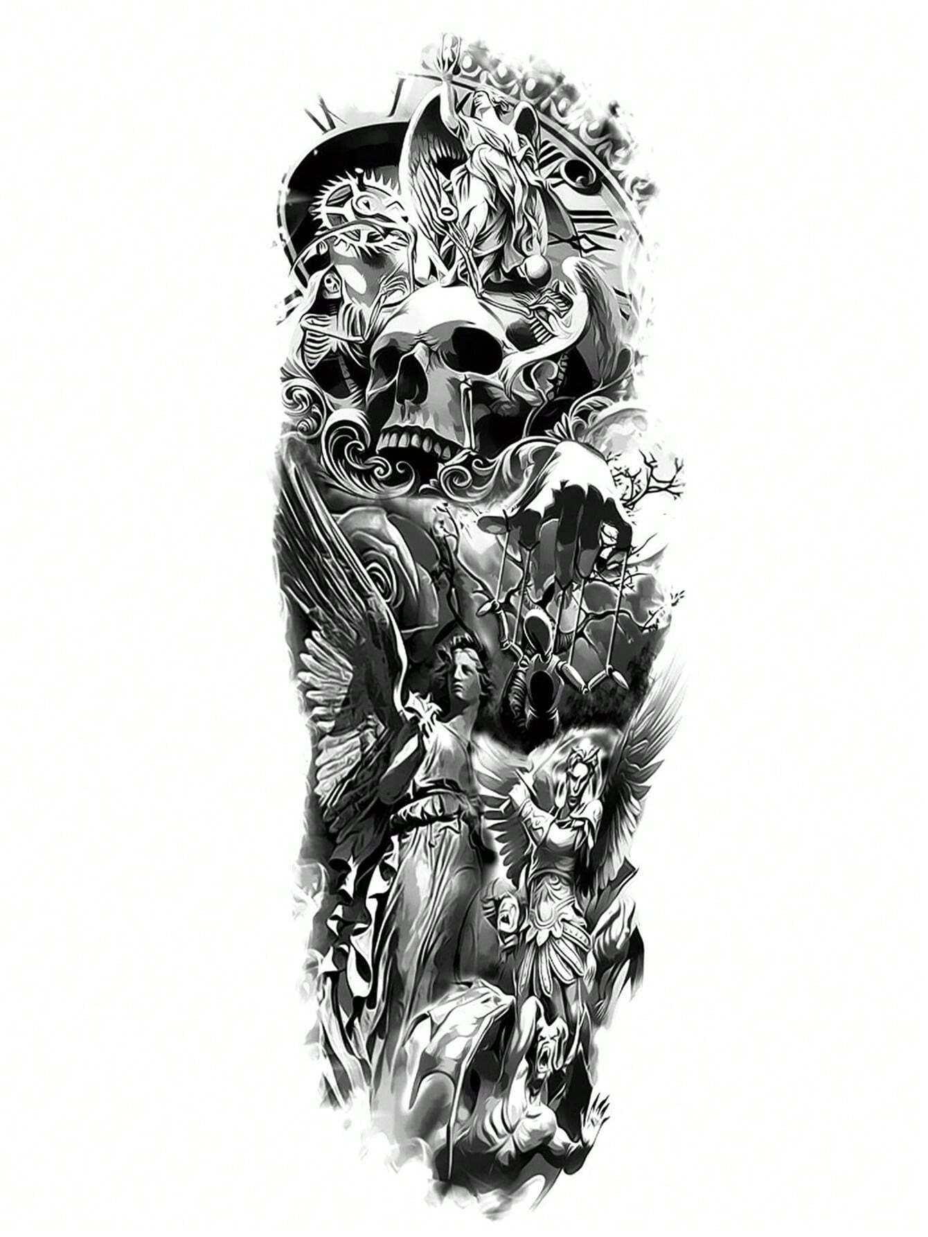 1 Sheet Full Arm Black Death Skull Halloween Temporary Tattoos Sleeve for Women Adults Legs Thigh Shoulder, Realistic Waterproof Long Lasting Fake Sleeve Tattoos for Men Stickers