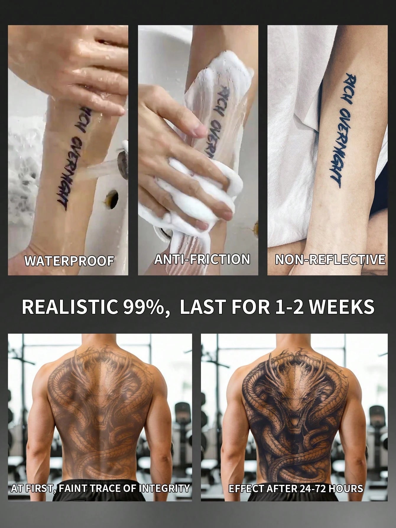 1Pc Dragon Backful Temporary Tattoo Semi Permanent Waterproof Sweatproof Last for 1-2 Weeks Realistic Herbal Juice Non-Reflective Anti-Friction Faux Black Fake Tattoos for Man Tattoo Stickers for Back Modernist Body Art