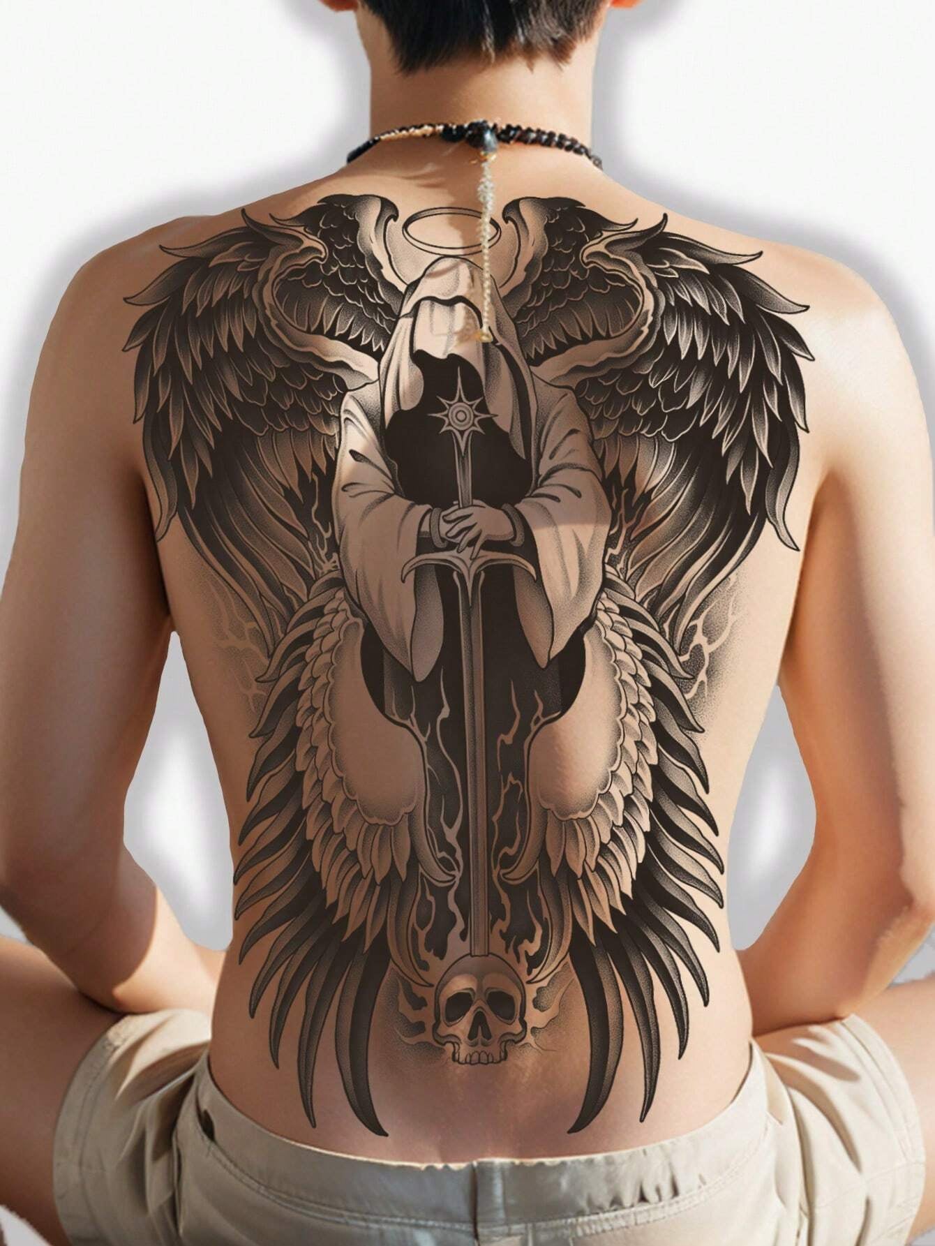 1Pc Archangel Backful Temporary Tattoo Waterproof Sweatproof Last for 1-2 Weeks Realistic Herbal Juice Non-Reflective Anti-Friction Faux Black Fake Tattoos for Man Tattoo Stickers for Back Modernist Body Art