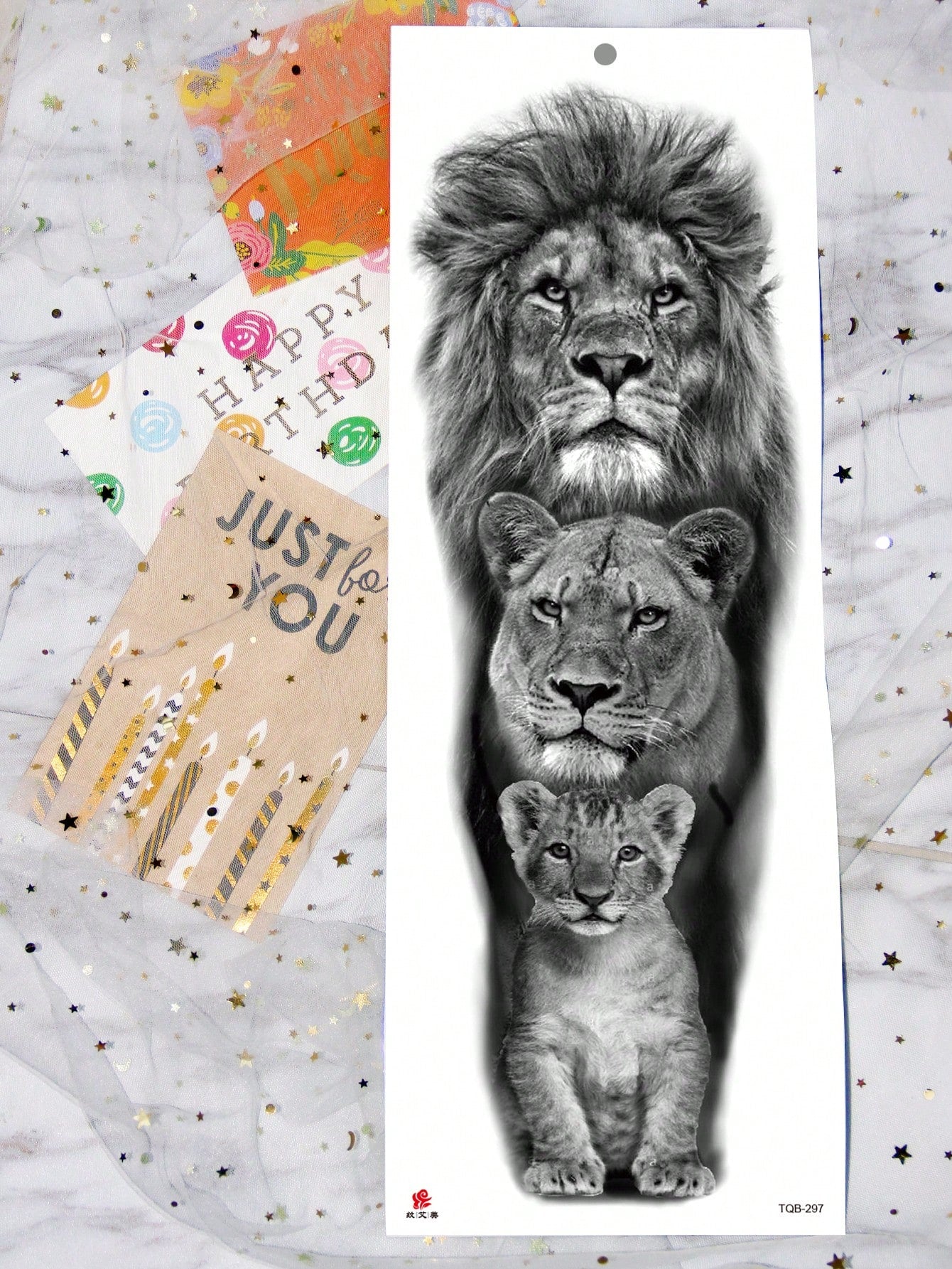 1 Sheets Extra Large Full Arm Size Body Art Temporary Tattoo Stickers for Men, Black 3D Solid Style Lion Father Mother Child Family Pattern, Waterproof Fake Sleeves Tattoos, Lasts 2-5 Days, Covering Scars, Can Be Used on Arms Wrist Shoulders Legs Waist Neck Hand Chest Thighs Finger, Body Art Cosplay Party Gift
