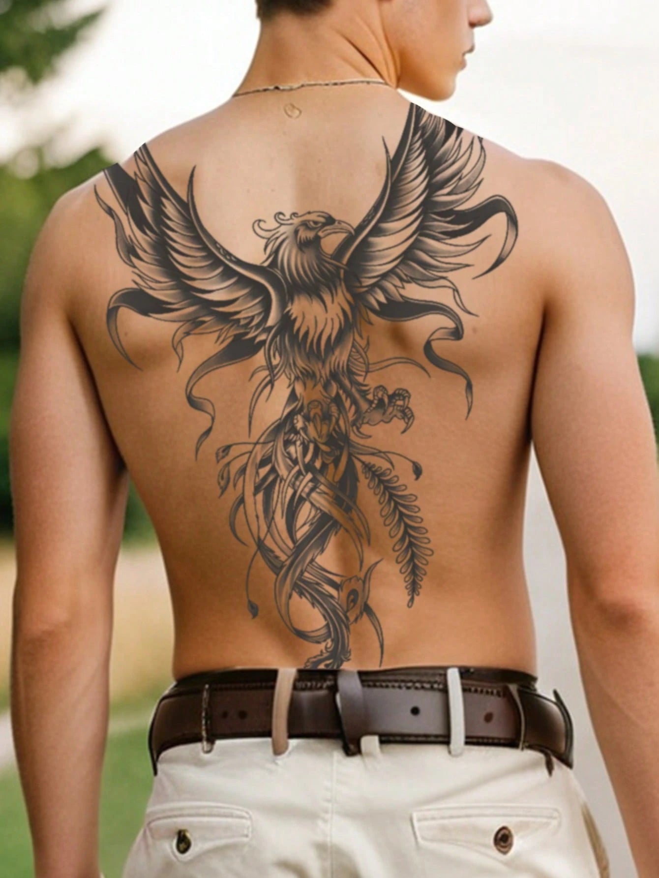 1Pc Phenix Backful Temporary Tattoo Waterproof Sweatproof Last for 1-2 Weeks Realistic Herbal Juice Non-Reflective Anti-Friction Faux Black Fake Tattoos for Man Tattoo Stickers for Back Modernist Body Art