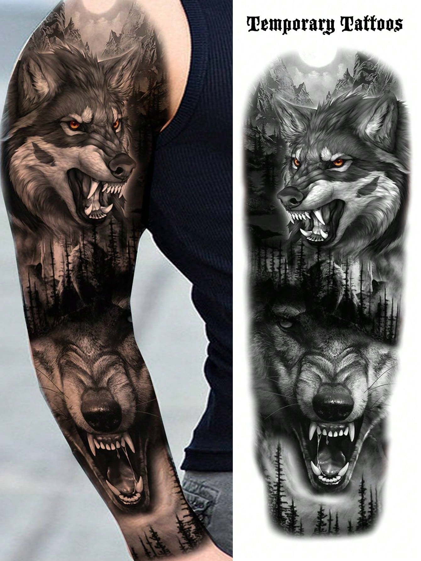 1 Sheet Full Arm Black Wolf Beast Temporary Tattoos Sleeve for Women Adults Legs Thigh Shoulder, Realistic Waterproof Long Lasting Fake Sleeve Tattoos for Men Stickers