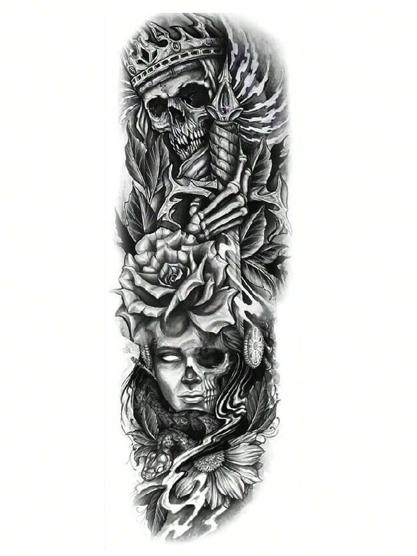 1 Sheet Full Arm Skull Halloween Skeleton Death Temporary Tattoos Sleeve for Women Adults Legs Thigh Shoulder, Realistic Waterproof Long Lasting Fake Sleeve Tattoos for Men Stickers