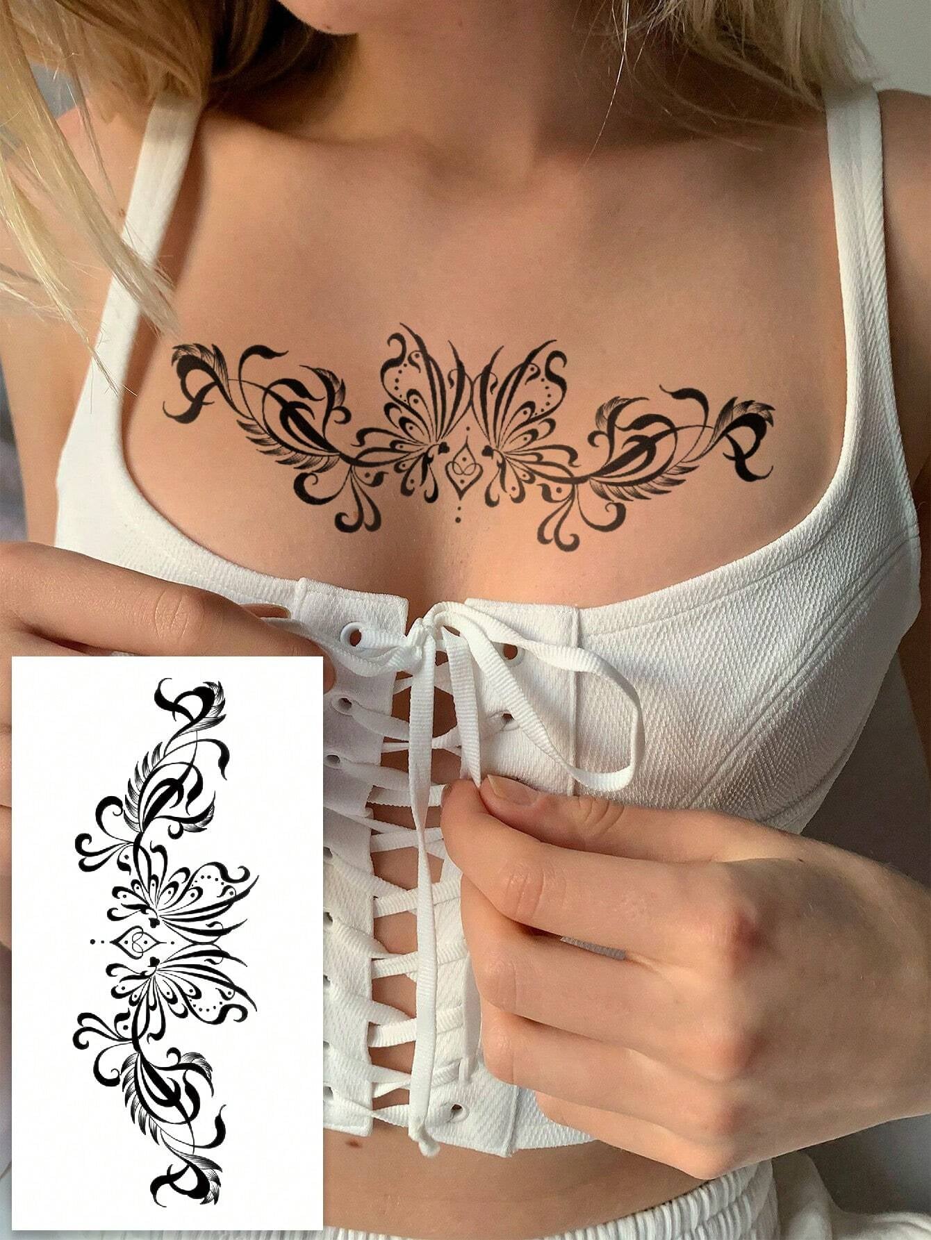 (Pack of 5 Pcs)Black Butterfly Corsage Tattoo Sticker, Fake Tattoo with Black Butterfly, Floral, Lace Pattern Design, Waterproof and Sweatproof Easy to Use, Suitable for Front Chest, Abdomen, Back and Other Parts, Suitable for Women to Party Parties and Daily Matching Temporary Tattoos