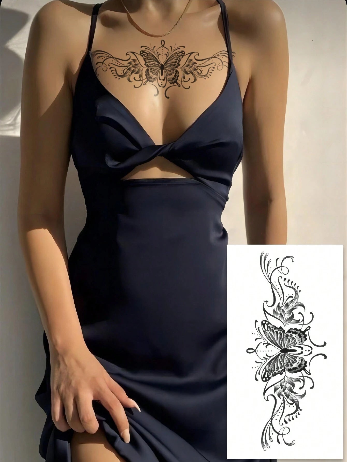 (Pack of 5 Pcs)Black Butterfly Corsage Tattoo Sticker, Fake Tattoo with Black Butterfly, Floral, Lace Pattern Design, Waterproof and Sweatproof Easy to Use, Suitable for Front Chest, Abdomen, Back and Other Parts, Suitable for Women to Party Parties and Daily Matching Temporary Tattoos