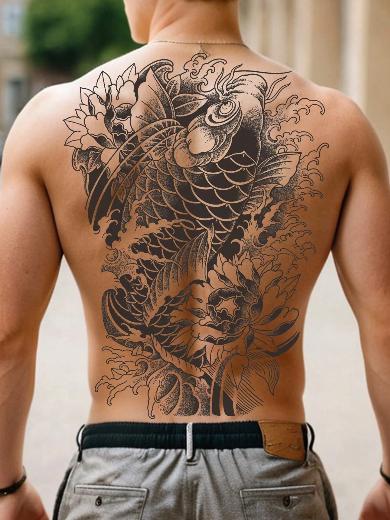 1Pc Koi Backful Temporary Tattoo Waterproof Sweatproof Last for 1-2 Weeks Realistic Herbal Juice Non-Reflective Anti-Friction Faux Black Fake Tattoos for Man Tattoo Stickers for Back Modernist Body Art