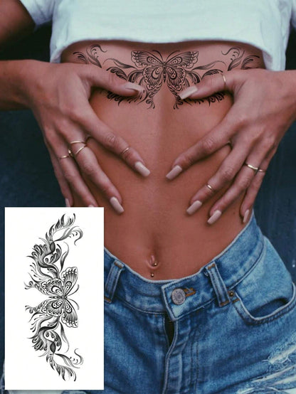 (Pack of 5 Pcs)Black Butterfly Corsage Tattoo Sticker, Fake Tattoo with Black Butterfly, Floral, Lace Pattern Design, Waterproof and Sweatproof Easy to Use, Suitable for Front Chest, Abdomen, Back and Other Parts, Suitable for Women to Party Parties and Daily Matching Temporary Tattoos