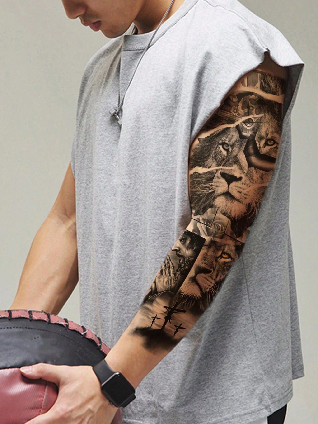 1 Sheets Extra Large Full Arm Size Body Art Temporary Tattoo Stickers for Men and Women, Black Realistic Lion Pattern, Waterproof Fake Sleeves Tattoos, Lasts 2-5 Days, Covering Scars, Can Be Used on Arms Wrist Shoulders Legs Waist Neck Hand Chest Thighs Finger, Best Friend Couple Party Tattoo