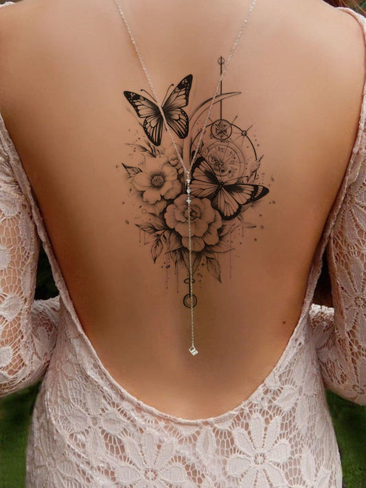 STARTTOOS 1Pc Black Flower & Butterfly Pattern Big Floral Arm/Chest/Back Temporary Tattoo Sticker