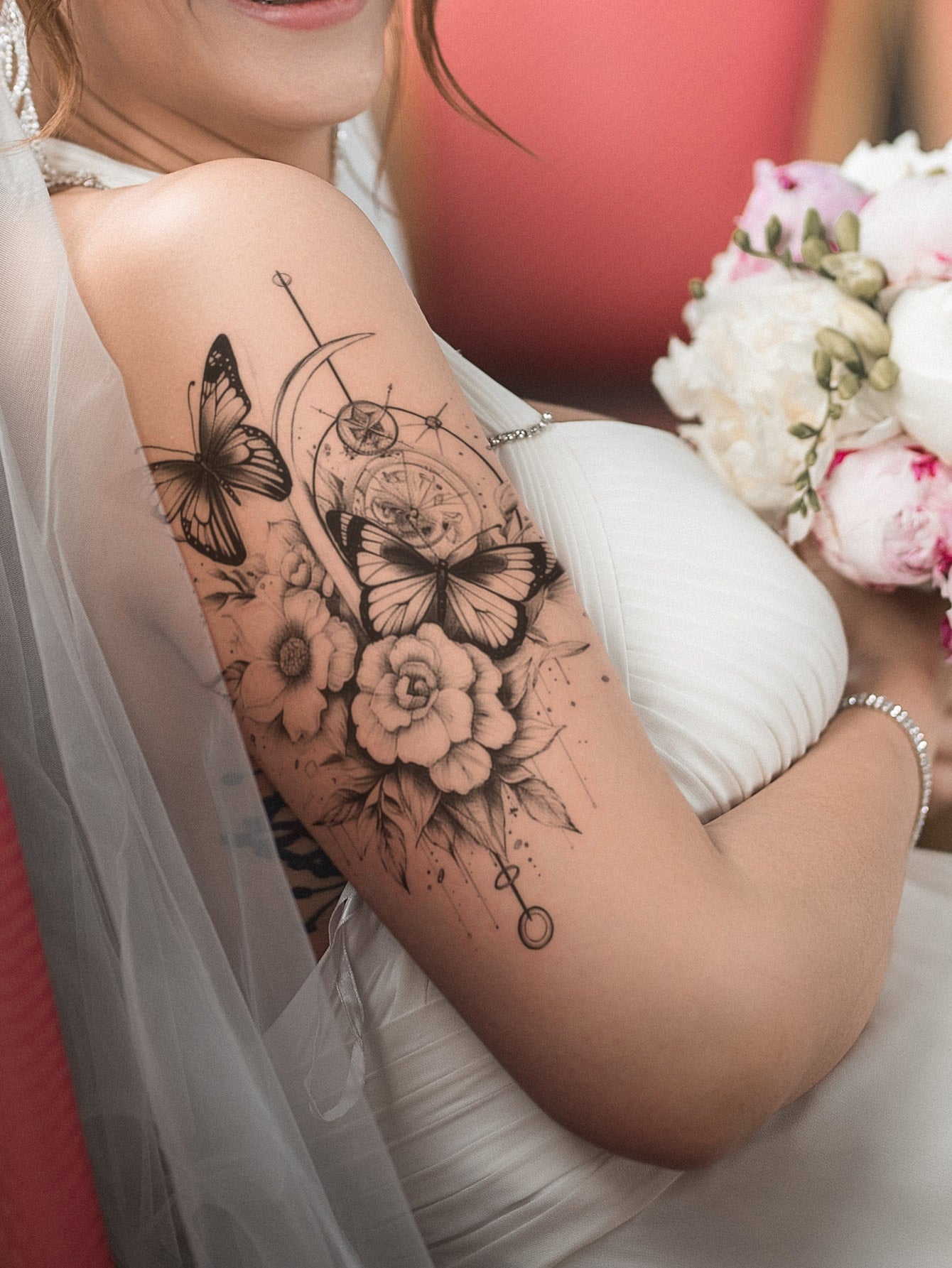 STARTTOOS 1Pc Black Flower & Butterfly Pattern Big Floral Arm/Chest/Back Temporary Tattoo Sticker