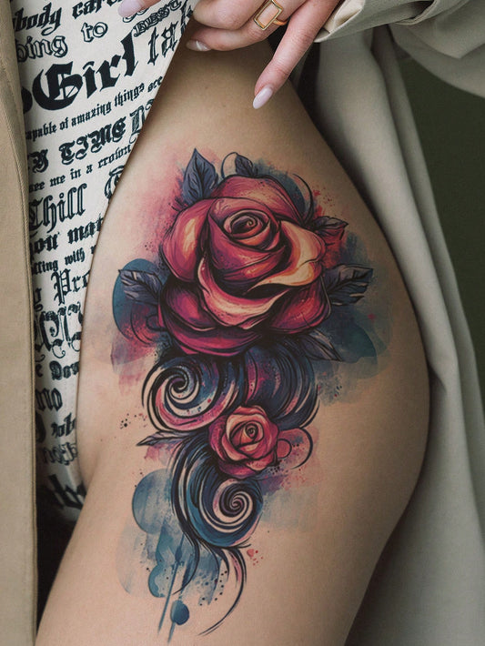 STARTTOOS 1Pc Colorful Rose Flower Large Temporary Tattoo Sticker, Waterproof Tattoo for Back Arm Thigh Body