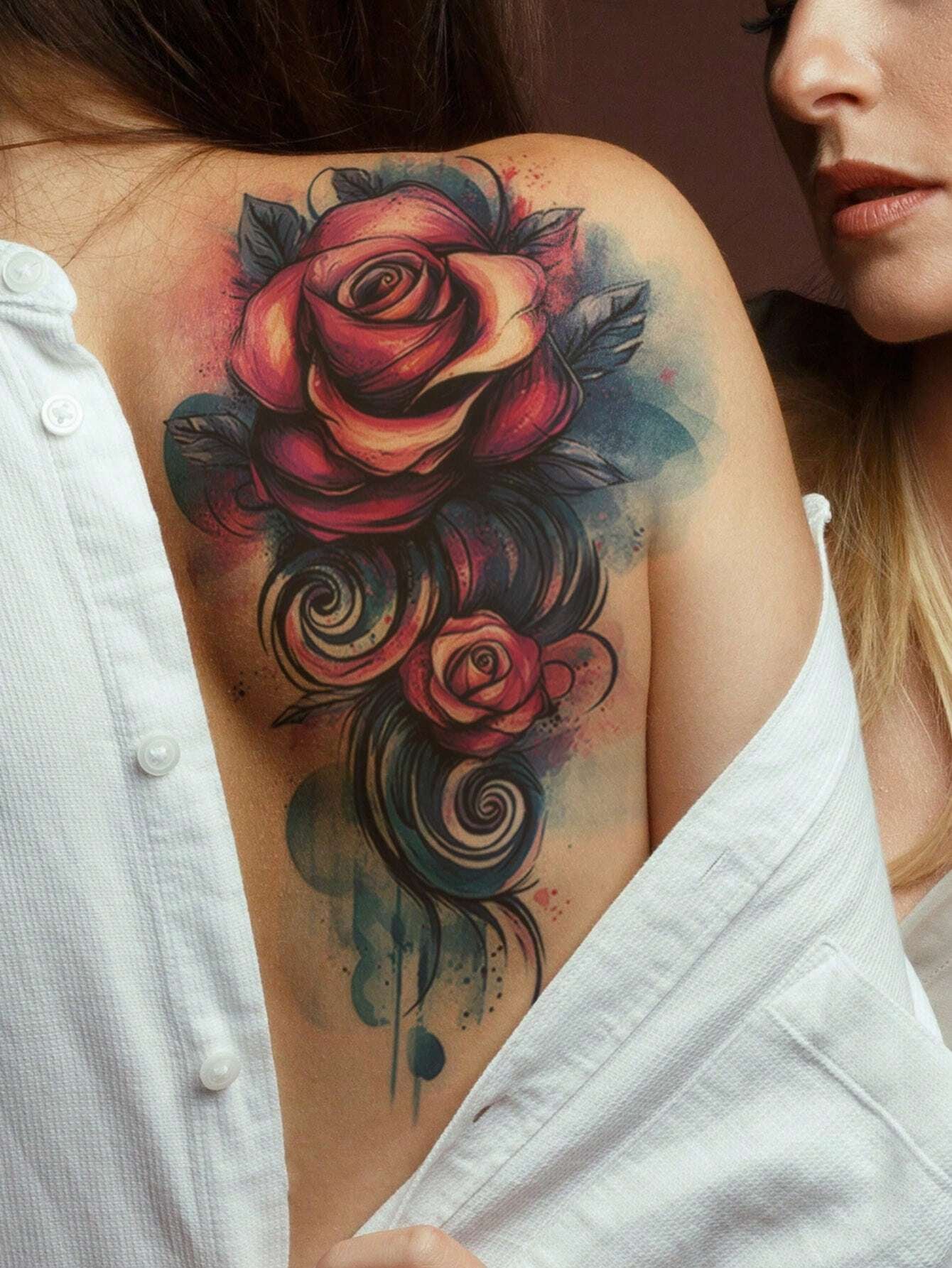STARTTOOS 1Pc Colorful Rose Flower Large Temporary Tattoo Sticker, Waterproof Tattoo for Back Arm Thigh Body