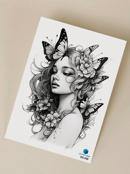 STARTTOOS 1Pc Women'S Butterfly & Flower Pattern Large Flower Temporary Tattoo Sticker for Arm/Chest/Back