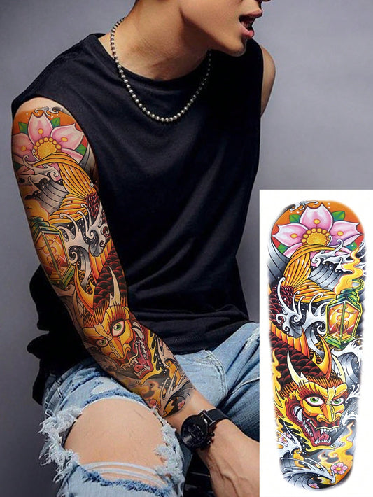 1 Sheets Extra Large Full Arm Size Body Art Temporary Tattoo Stickers for Men and Women, Japanese Colorful Traditional Style Dragon Carp Fish Lotus Sea Pattern, Waterproof Fake Sleeves Tattoos, Lasts 2-5 Days, Covering Scars, Can Be Used on Arms Wrist Shoulders Legs Waist Neck Hand Chest Thighs Finger, Best Friend Couple Party Tattoo