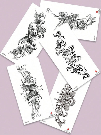 (Pack of 5 Pcs)Black Butterfly Corsage Tattoo Sticker, Fake Tattoo with Black Butterfly, Floral, Lace Pattern Design, Waterproof and Sweatproof Easy to Use, Suitable for Front Chest, Abdomen, Back and Other Parts, Suitable for Women to Party Parties and Daily Matching Temporary Tattoos